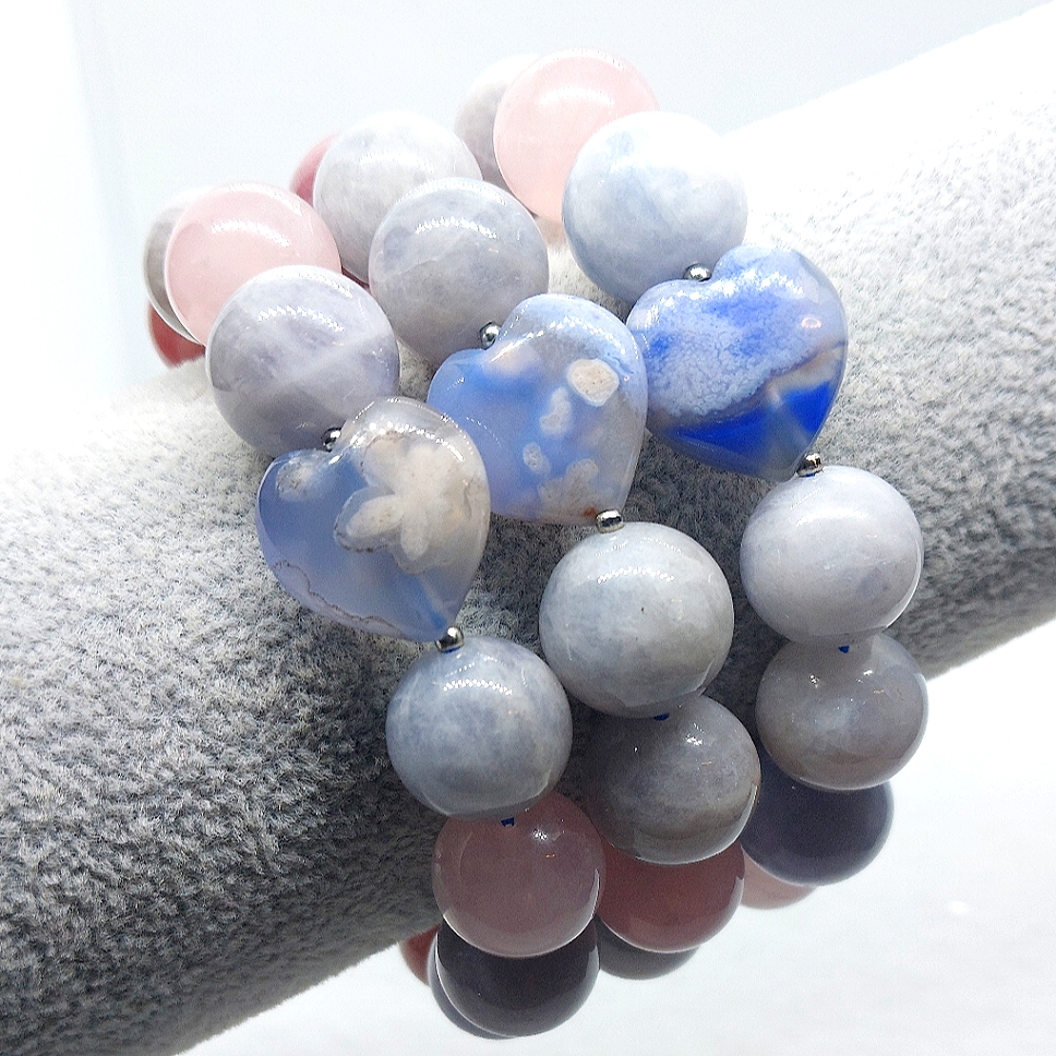 13mm Blue Purple Pink Rose Quartz Bracelet 70$